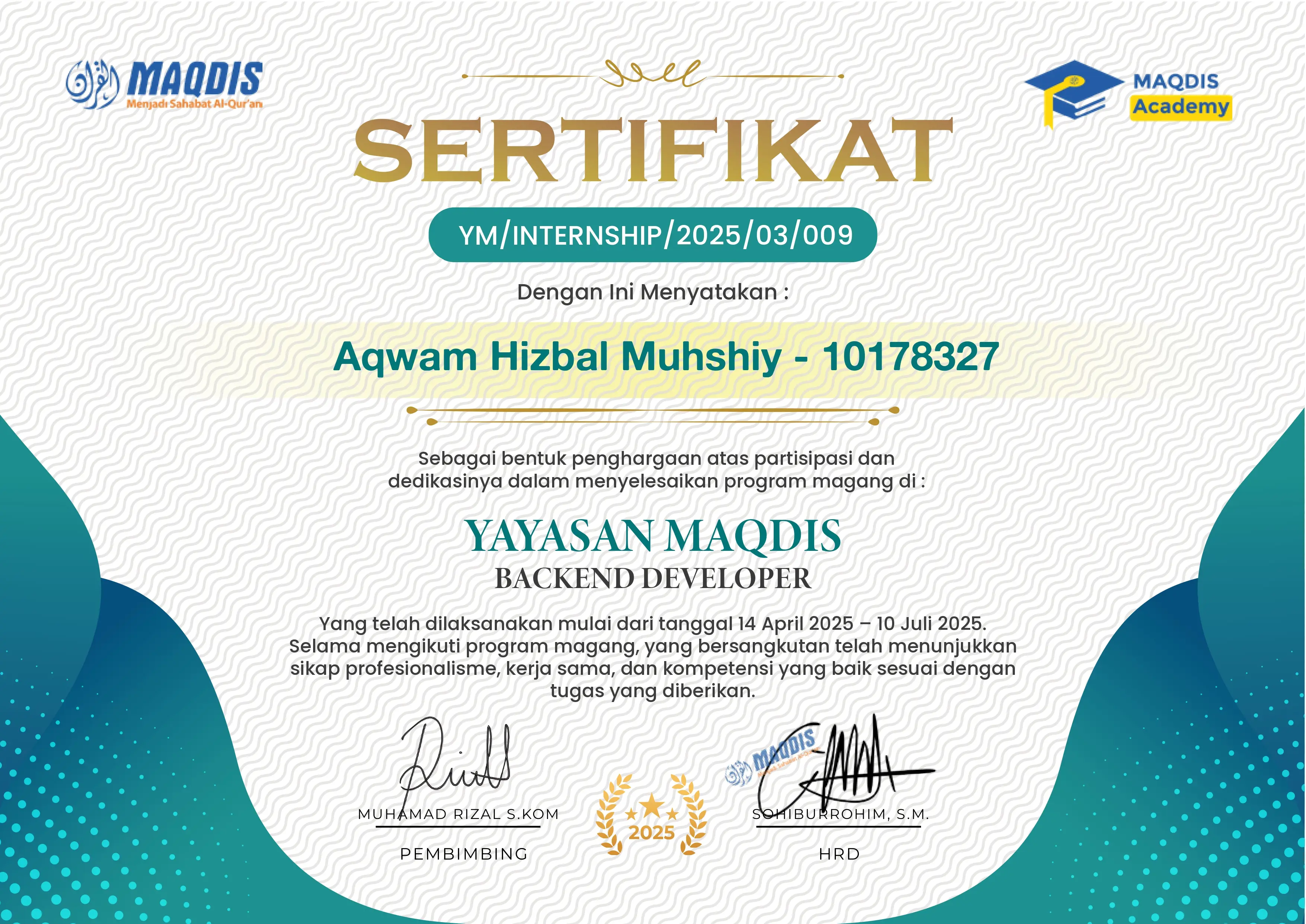 Maqdis Academy Backend Developer Internship certificate